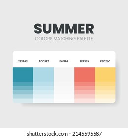 Eine Sommerfarbpalette oder Farbschemata sind Trends-Kombinationen und Palettenführungen in diesem Jahr, Beispiel für Tischfarben in RGB und HEX. Eine Farbuhr für die Sommermode, das Zuhause, das Innendesign