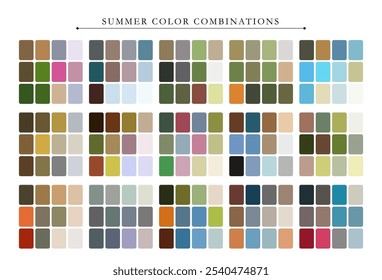 Summer color palette. Trend color palette guide template. Fit for fashion designers, business, and paints colors company. Match combinations. Vector graphics. Eps 10.