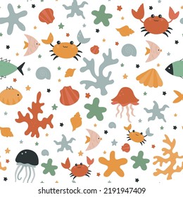Summer color pattern with cute sea creatures. Cute summer patterns with juicy symbols of summer. Ideal for decoration, textiles, covers, cases and more