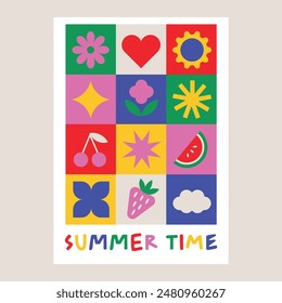 Summer color poster. Modern print on the wall. Bauhaus style. Colorful inscription Summer Time. Geometric shapes of flowers and fruits.