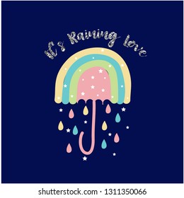 summer color rainbow dripping and stars and glitter text. Girl art tee vector illustration. 