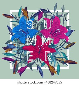 
Summer , color , refreshing composition of liliy.golubye bright , yellow and purple lilies with buds and stems. Beautiful sleek cool design. vector work