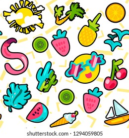 Summer color seamless cartoon pattern. Holiday accessories. Vacation travel stickers background