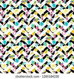 Summer color seamless vector pattern. Vacation accessories. Holiday stickers on zigzag background