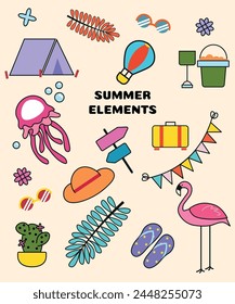 Summer color stickers set 4, cute stickers, retro style, summer and vacation, stickers for vacations, summer vector illustrations