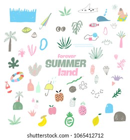 Summer Color Vector Abstract Covers Templates, Tropical Graphic Poster with Pastel Trendy Patterns, Organic Painted Stroke Textures, Hipster Backgrounds, Brochures, Album Covers and Banners