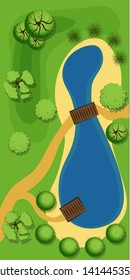 Summer color vector landscape with trees and lake. Top view