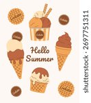 Summer colored banner with text box. Frame with soft vanilla, chocolate ice cream, gelato in waffle cone, scoop in paper cup on white background. Hand drawn Flat Vector illustration EPS10