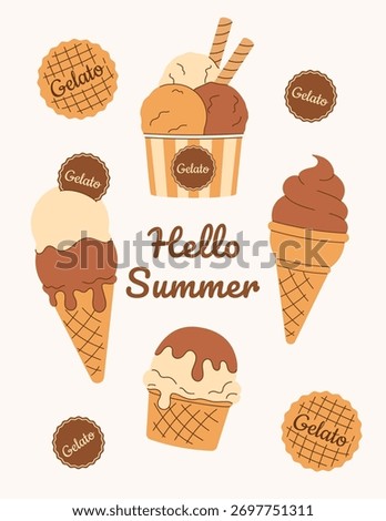 Summer colored banner with text box. Frame with soft vanilla, chocolate ice cream, gelato in waffle cone, scoop in paper cup on white background. Hand drawn Flat Vector illustration EPS10