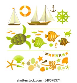 Summer colored icons set with yacht wheel sailboat anchor life ring and ocean fauna flat vector Illustration
