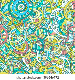 summer colored, indian paisley doodle hand drawn seamless pattern, boho floral design