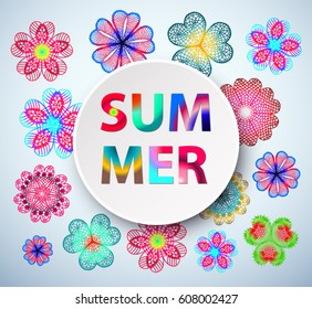 Summer. Colored lettering on the round banner. Plate on lace floral napkins. Vector background with knitted flowers. 