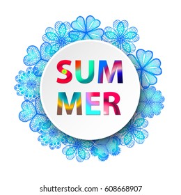 Summer. Colored lettering on the round banner. Plate on lace floral cocktail napkin. Vector background with knitted flowers. Crochet