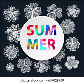 Summer. Colored lettering on the round banner. Plate on lace floral cocktail napkin. Vector background with knitted flowers. Crochet