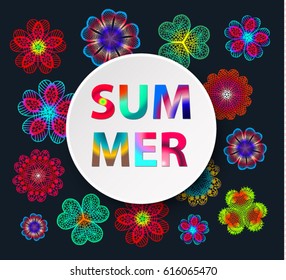 Summer. Colored lettering on the round banner. Plate on lace floral cocktail napkin. Vector background with knitted flowers. Crochet