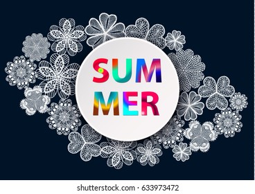 Summer. Colored lettering on the round banner. Plate on lace floral cocktail napkin. Vector background with knitted flowers. Crochet