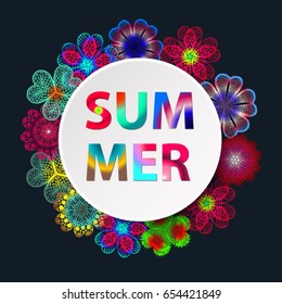 Summer. Colored lettering on the round banner. Plate on lace floral cocktail napkin. Vector background with knitted flowers. Crochet