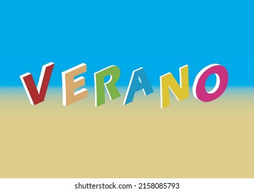 
Summer in colored letters on a golden sand beach and sea in the background