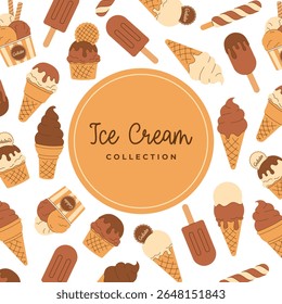 Summer colored pattern with round frame, text box with soft vanilla, chocolate ice cream, gelato in waffle cone, scoop in paper cup on white background. Hand drawn Flat Vector illustration EPS10