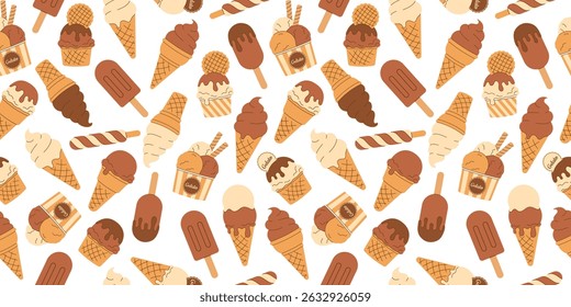 Summer colored seamless pattern soft vanilla, chocolate ice cream, gelato in waffle cone, scoop in paper cup on white background. Wallpaper Ice Cream Day. Hand drawn Flat Vector illustration EPS10
