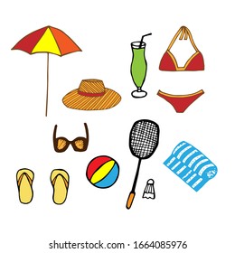 Summer colored set beach supplies, yellow background, vector illustration, hand drawing