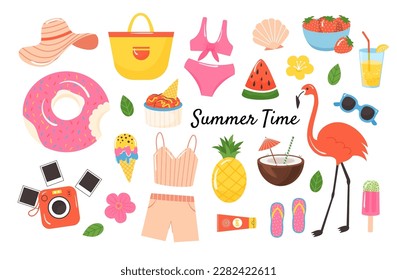 Summer colored set in flat style. Design elements of beach vacation and travel. Summertime accessories. Vector clipart isolated on white background