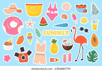 Summer colored set Stickers in flat style. Design labels of beach vacation and travel. Summertime scrapbook elements. Vector clipart isolated on white background