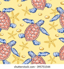 Summer colored turtle on beach; cute hand drawn doodle animal illustration in sketch style; vector seamless pattern