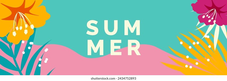 Summer colorful abstract horizontal background with tropical leaves and exotic flowers. Vector template for postcards, banners.