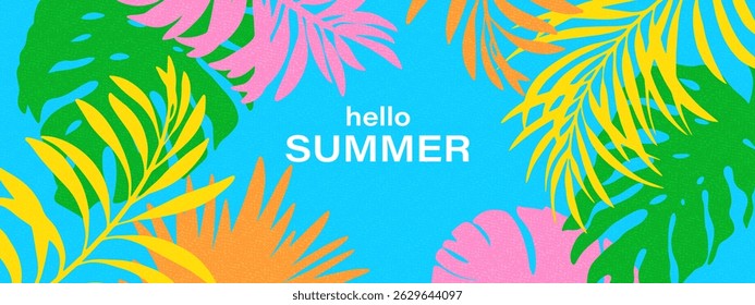 Summer colorful background, banner, card design. Hand drawn exotic plants, leaves, flowers. Summer, spring sunny day.
