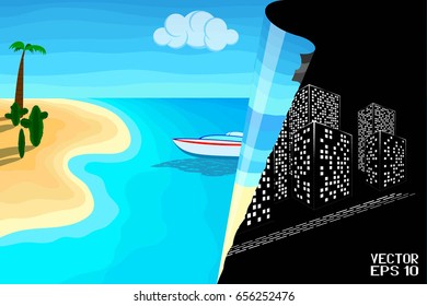 Summer Colorful Background. Blue Ocean and Sand Beach. Poster in a Flat Style. Vector Illustration