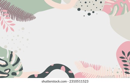  Fondo de verano colorido - diseño horizontal de banner. Plantilla de hojas tropicales para carteles, volantes o tarjetas de felicitación. Ilustración vectorial.