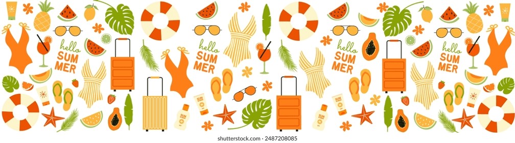 Summer colorful background with icons of fruits, swimsuits, sunglasses, spf. Beach theme horisontal banner. Vector illustration