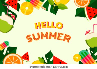 Summer Colorful Background; watermelon; orange; coconut; popsicle; pineapple; leaves; tropical