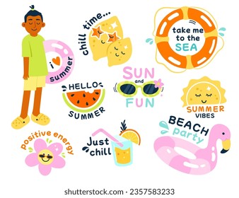 Summer colorful badge and sticker isolated set with positive lettering vibes and beach party cute drawings. Groovy design element vector illustration advertising sun fun and summertime chill, relax