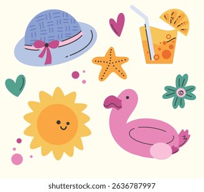 Summer colorful beach accessories hand drawn set collection