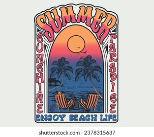 Summer colorful beach graphic print design for t shirt print, poster, sticker, background and other uses. Palm tree with relax chair print artwork. Summer adventure design. Enjoy beach life.