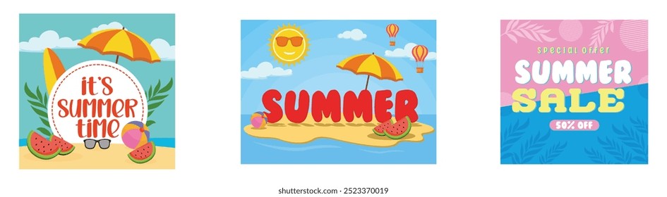 Summer with colorful beach text and elements. Summer concept on beach island with summer elements. Creative summer sale banner with bright colors. Set flat vector modern illustration