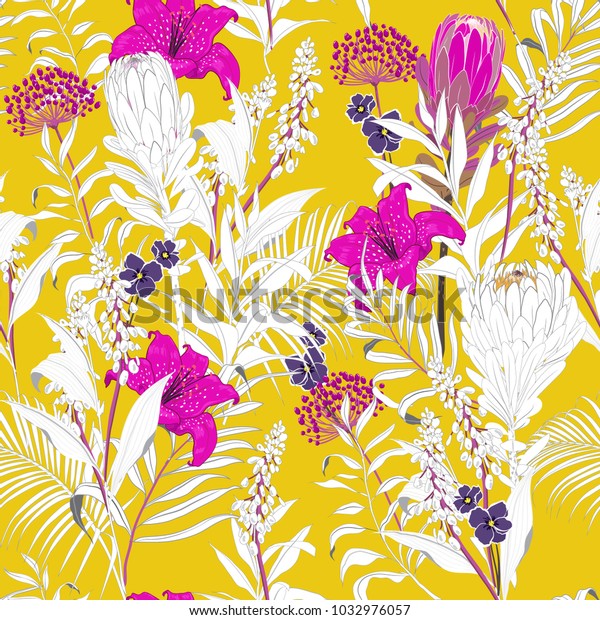 Summer colorful Beautiful unfinished garden flowers outline in hand sketch and drawing ,many kind of floral in seamless pattern vector illustration on vivid yellow background