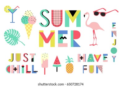 Summer colorful bright memphis style elements set. Vector illustration