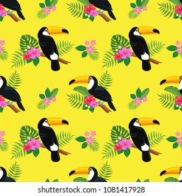 Summer colorful bright seamless hand drawn tropical pattern with toucan birds and exotic plant leaves and flowers of hibiscus and plumeria on yellow background. Hawaiian style. Vector illustration