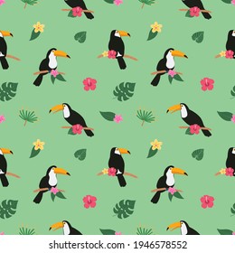 Summer colorful bright seamless hand drawn tropical pattern with toucan birds and exotic plant leaves and flowers of hibiscus on white background. Hawaiian style. Vector illustration