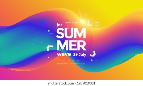 Summer colorful bright wave poster. Abstract gradients waves music background. Fluid flow rainbow. Vector