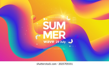 Summer colorful bright wave poster. Abstract gradients waves music background. Fluid flow rainbow. Vector