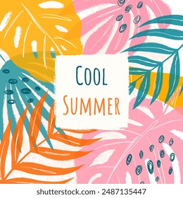 Summer colorful card with abstract tropical leaves and scribbles in drawing style and typography. Grunge texture and overlay effect. Template for social media, ads, cover, poster.