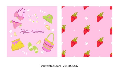Summer colorful collection. Hand drawn vector summer items set. Bikini, panama, shorts, beaded necklace, slippers clipart. Trendy seamless pattern with strawberry and flowers.