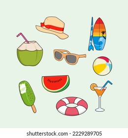 Summer colorful, consisting of coconut, hat, ice cream, glasses, watermelon, ball, surfboard, refreshing drink