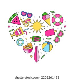 Summer Colorful Design with Bright Beach Objects Heart Shaped Vector Composition