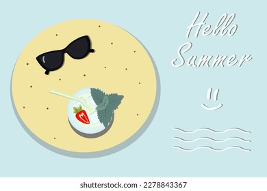 Summer colorful design with cocktail and sun glasses and Hello summer lettering. Summertime design