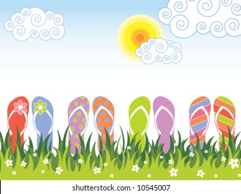 summer colorful flip flops in the grass (vector)